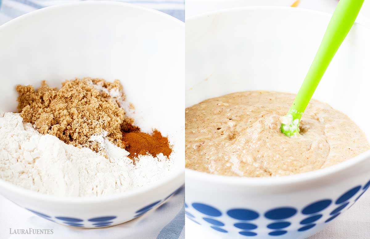 dry ingredients bowl with flour, brown sugar, cinnamon on left and mixed batter for muffins on the right bowl