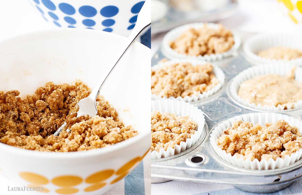 cinnamon crumb topping mixed in a bowl on the left and a tray of muffins where some have the crumb topping and others do not (process) on the right
