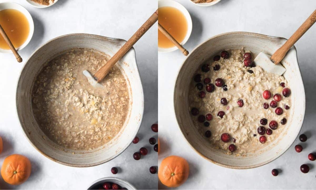 left: baked oatmeal batter in a bowl; right: cranberries mixed with the batter