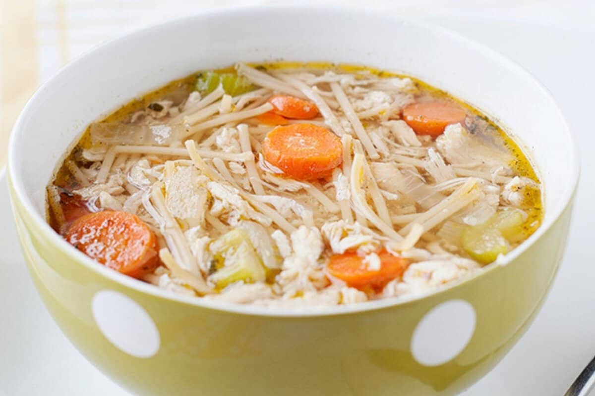 a bowl of turkey noodle soup