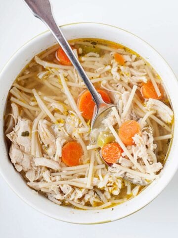 top view of a bowl of turkey noodle soup