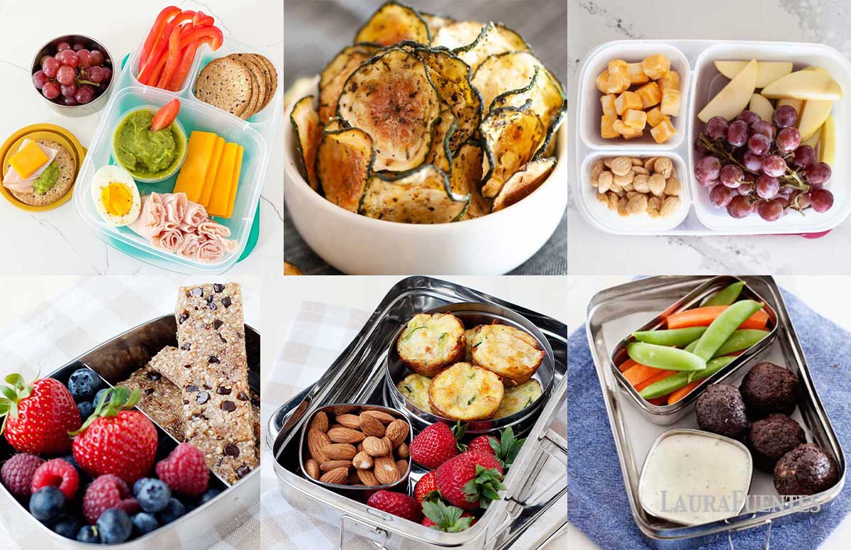 an image collage of six work snack ideas