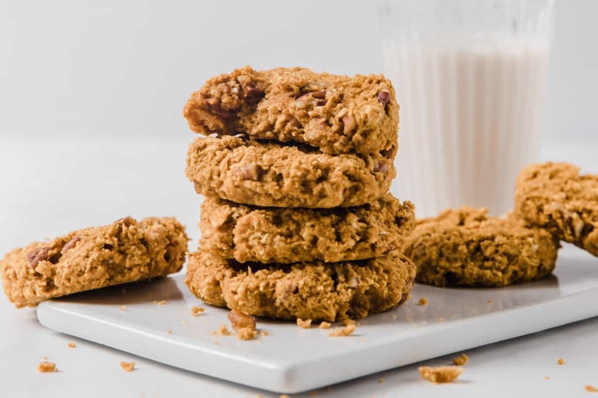 stack of four pumpkin oatmeal cookies and a few more on the back