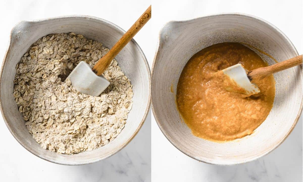 Side-by-side view of pumpkin oatmeal cookie preparation, showing the dry ingredients mixed together in one bowl and the wet ingredients stirred until smooth in another bowl