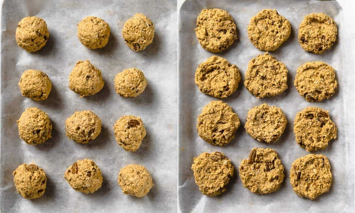 Side-by-side view of pumpkin oatmeal cookie preparation, showing cookie dough scooped onto a baking sheet and the dough flattened into cookie rounds before baking.