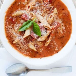 top view of a bowl of chicken parmesan soup