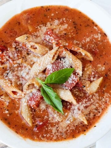 top view of a bowl of chicken parmesan soup