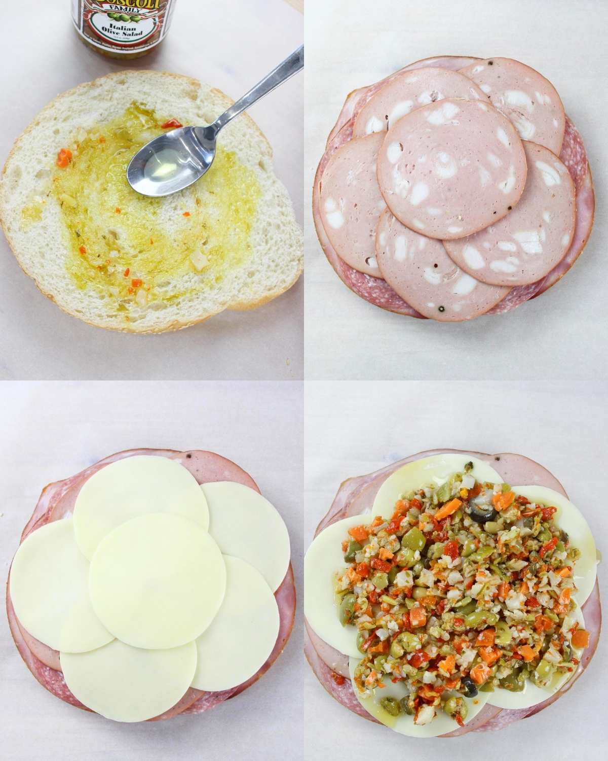 4 image collage showing the steps for making a New Orleans muffuletta sandwich at home. Top left: spreading oil on the bread, top right: layering the meats, bottom left: adding the cheese, bottom right: topping it with the olive salad