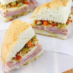 muffuletta sandwich sliced in half