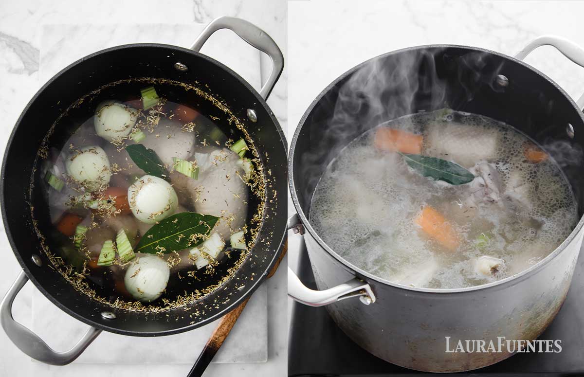 on the left: homemade chicken broth step one combining the ingredients in the pot, on the right: homemade chicken broth step two, ingredients boiling in the pot of water. 