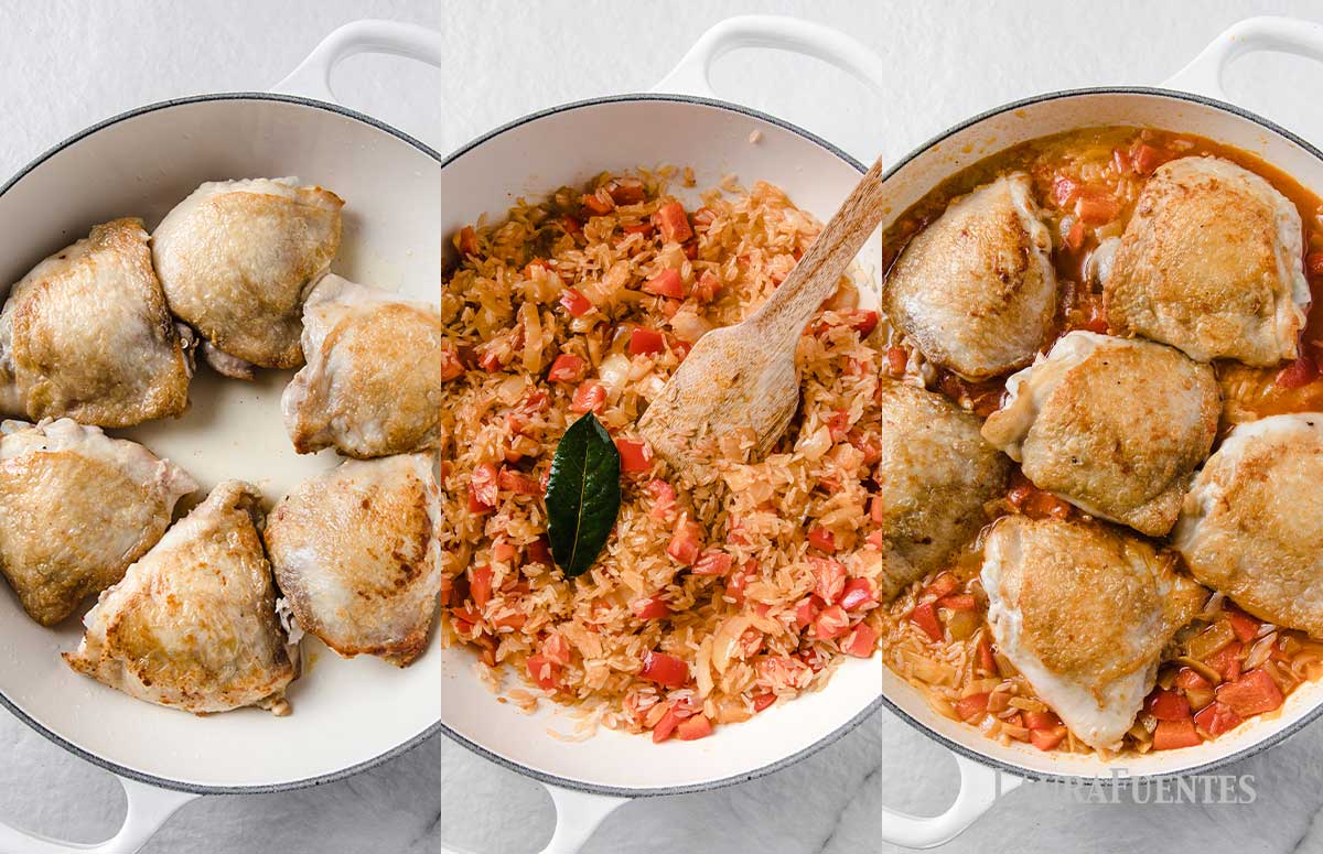 three images side by side of the cooking process of spanish chicken rice