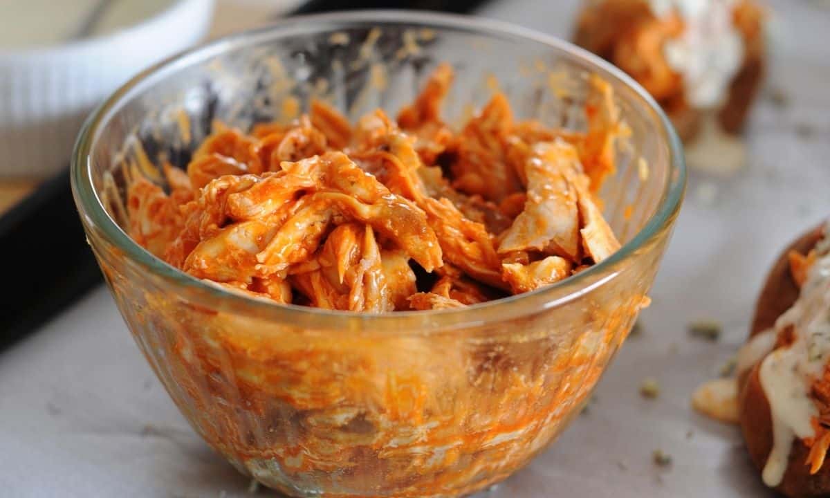 shredded buffalo chicken in a bowl