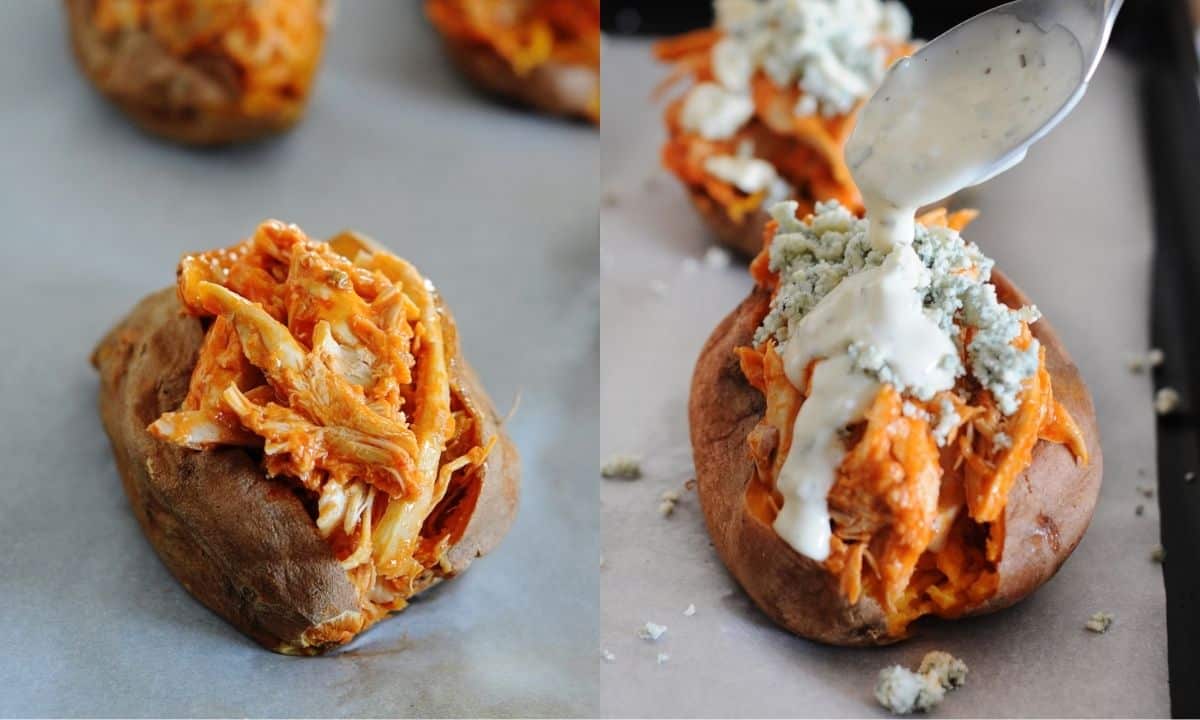 left: baked sweet potatoes on baking sheet with buffalo chicken stuffed inside; right: adding Ranch dressing to a baked sweet potato