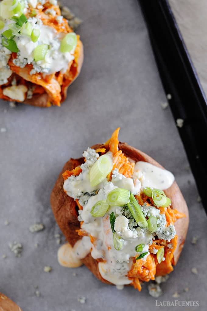 image: overhead photo of stuffed baked sweet potato