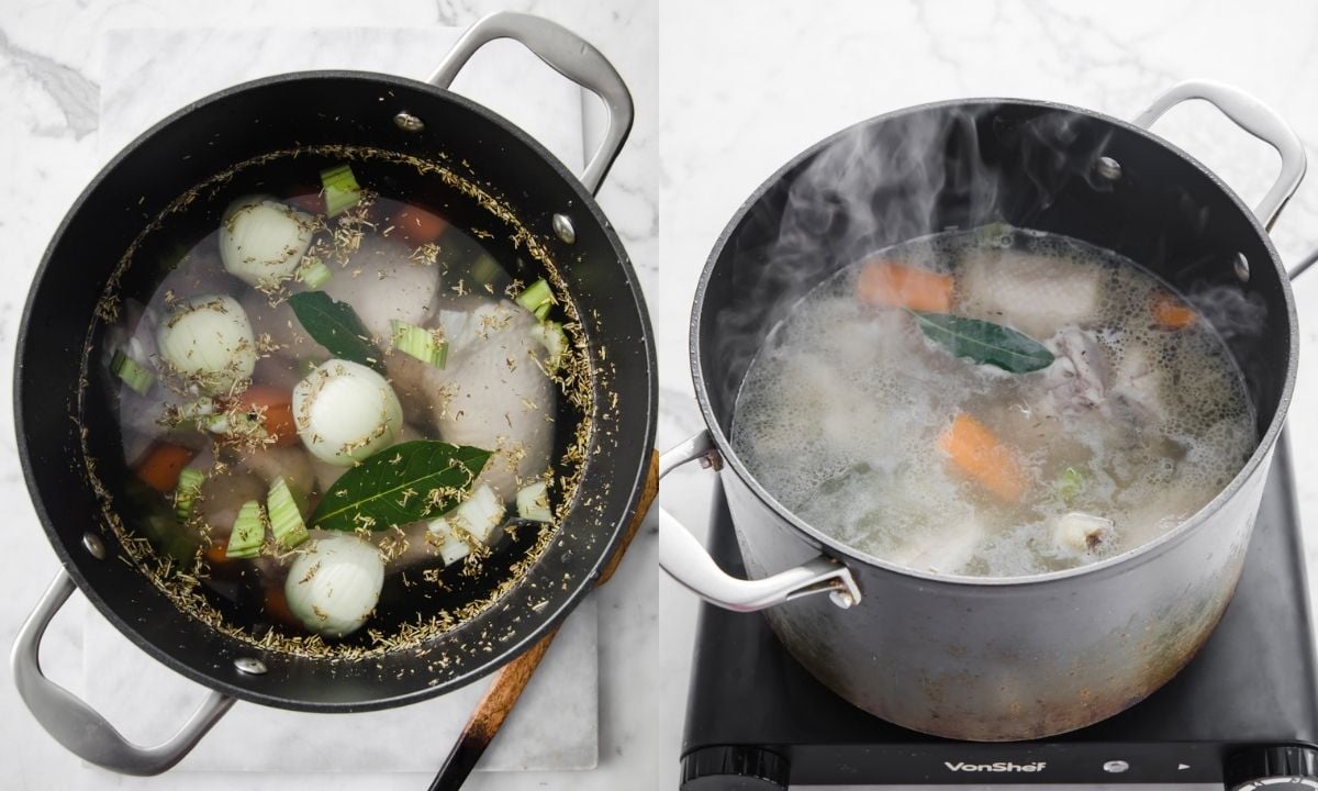 left: top view of a large pot with chicken, onion, bay leaves, carrots to make broth; right: the same pot with the ingredients simmering