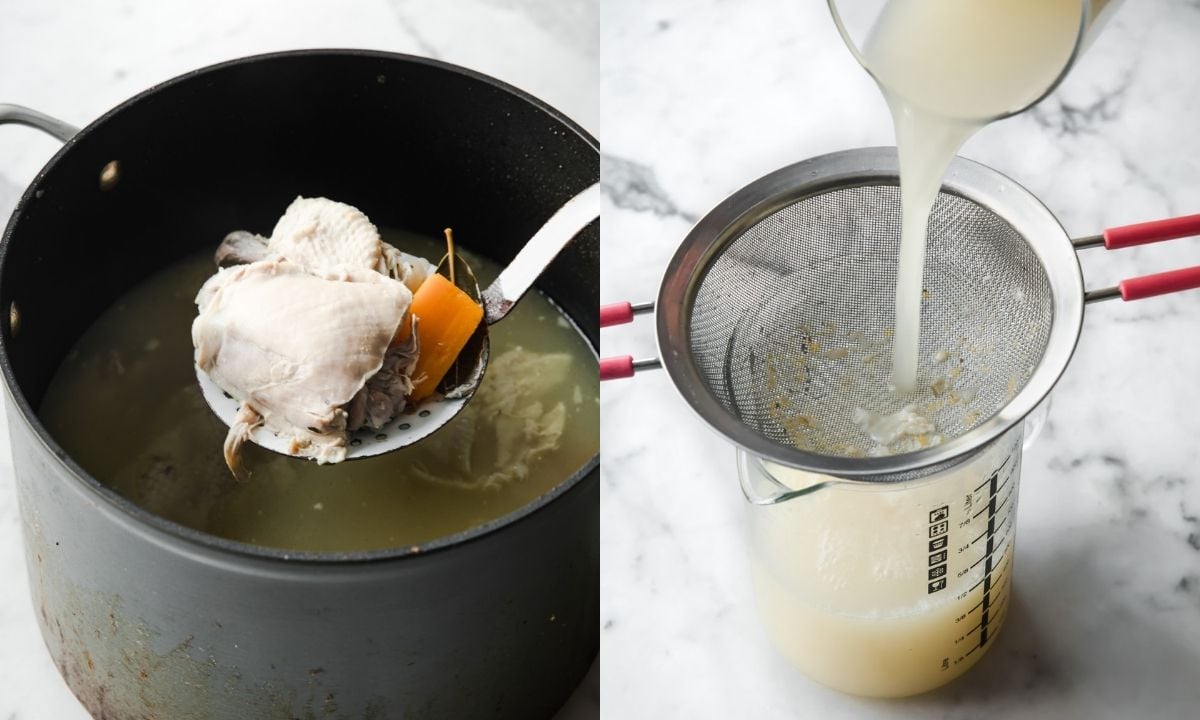 Side-by-side comparison of homemade chicken broth with cooked chicken removed from the pot and broth strained through a fine-mesh sieve