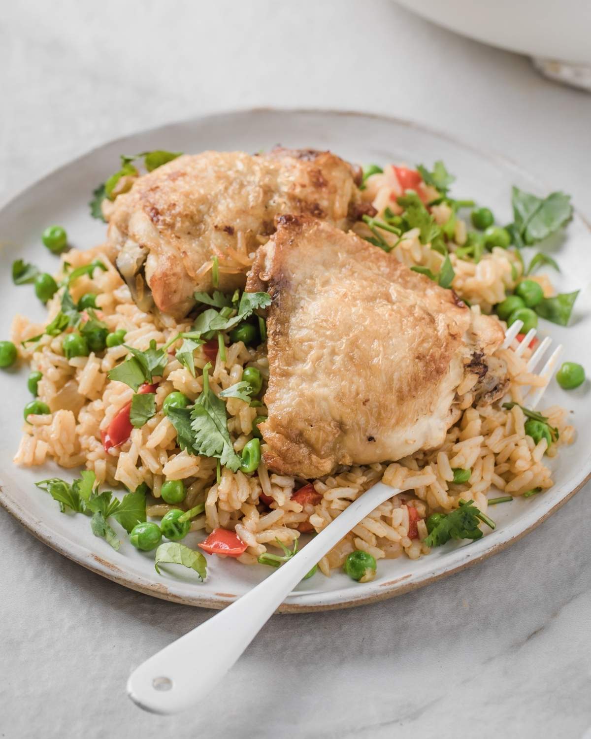 Plate topped with rice, vegetables and Spanish Chicken 