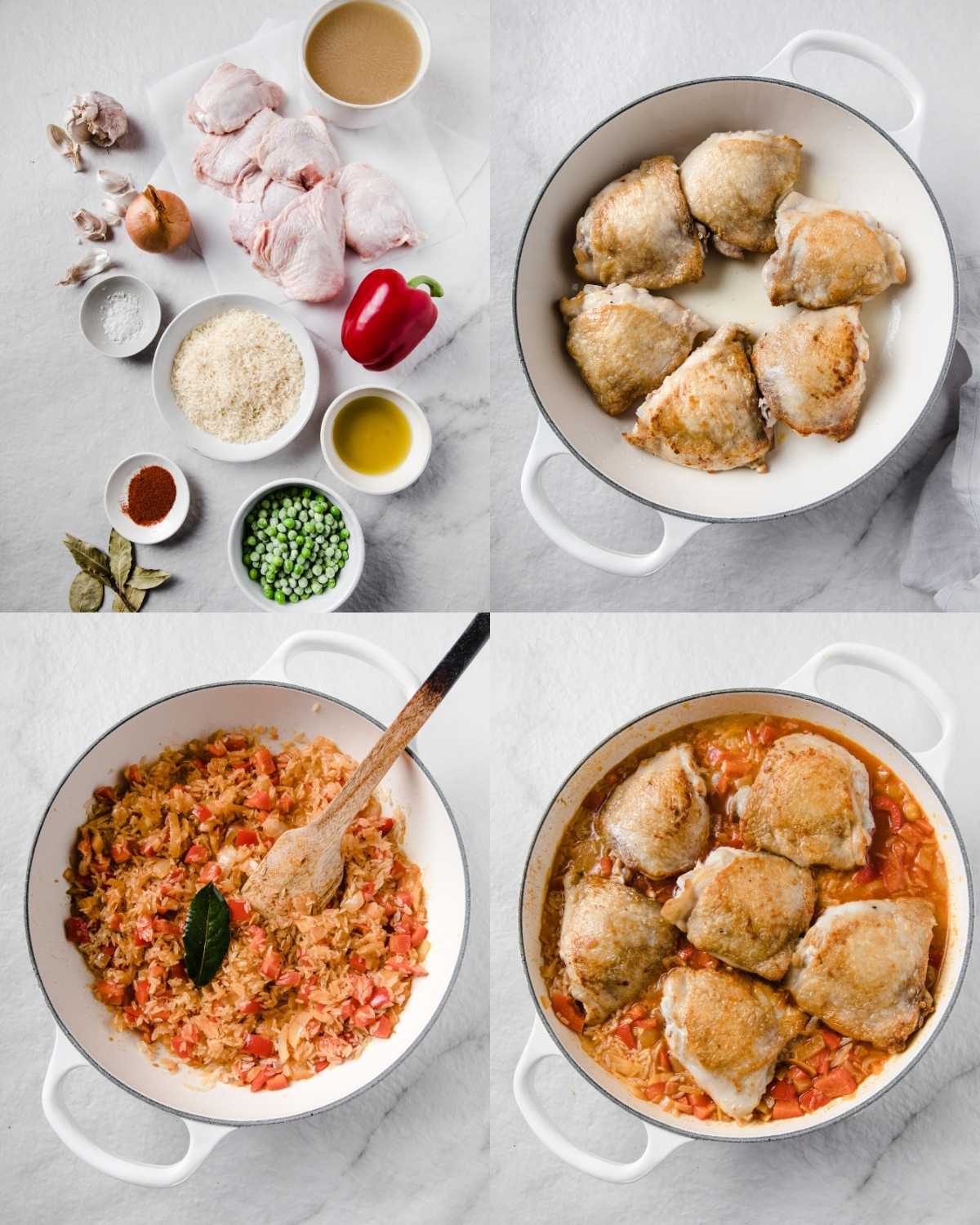 Top left: chicken thighs, white rice, chicken broth, red bell pepper, peas, onion, garlic, olive oil, saffron, salt, and bay leaves in bowls. Top right: chicken thighs browning in a white pot. Bottom left: rice cooking with diced red pepper and onions in the pot. Bottom right: chicken thighs simmering on top of the rice mixture in a seasoned broth.