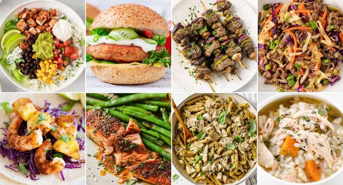 8 image collage of healthy dinner ideas made with clean ingredients showcasing family friendly recipes