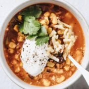 top view of taco soup in a bowl