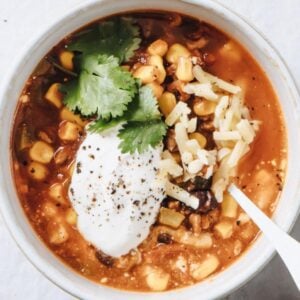 top view of taco soup in a bowl