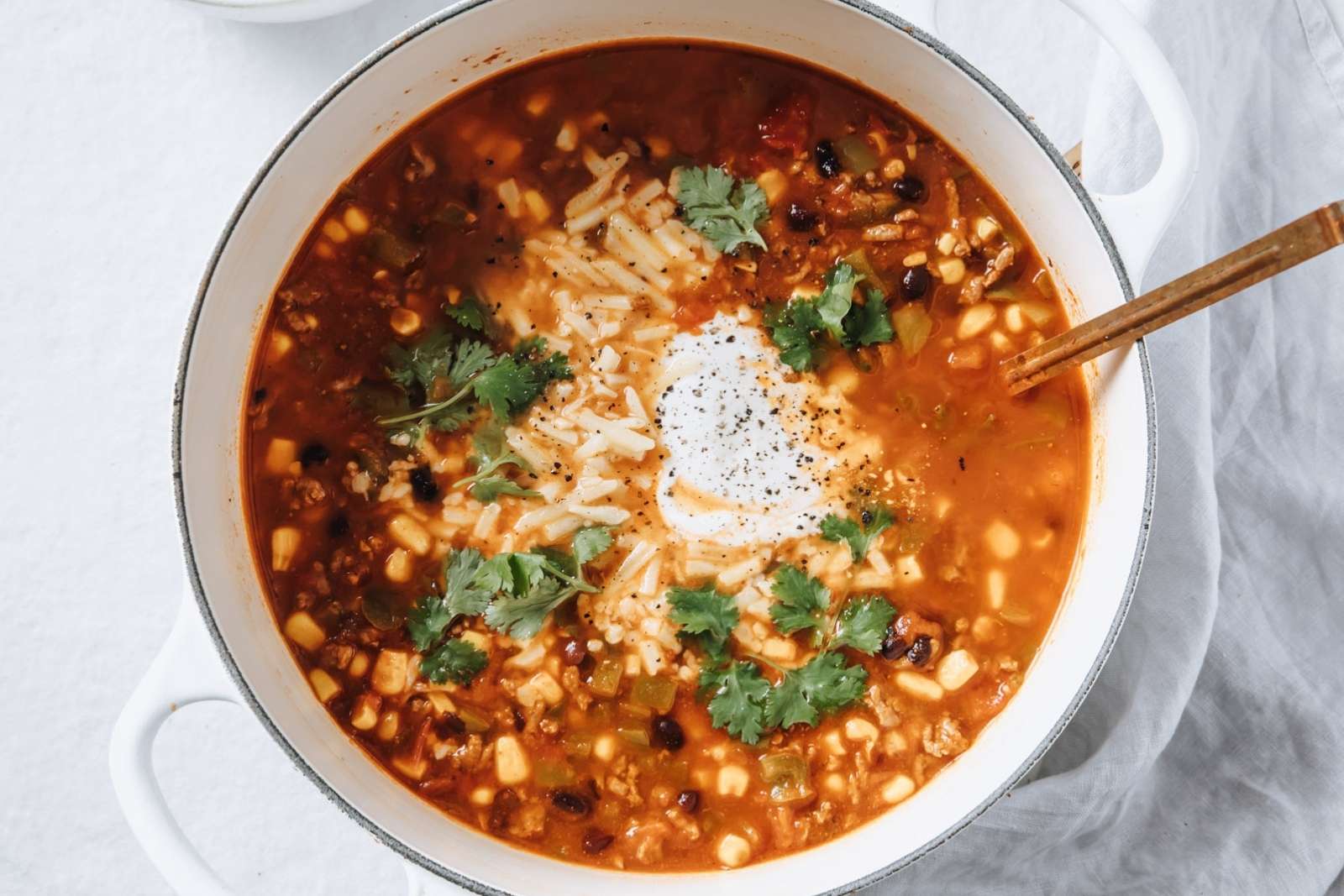 top view of a large pot of taco soup