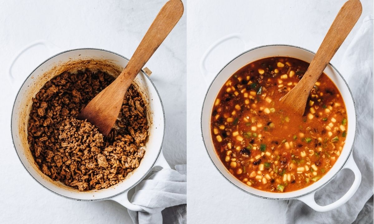 Side-by-side view of taco soup preparation, showing seasoned ground beef before adding ingredients and the finished soup with beans, corn, tomatoes, and broth simmering in a pot.