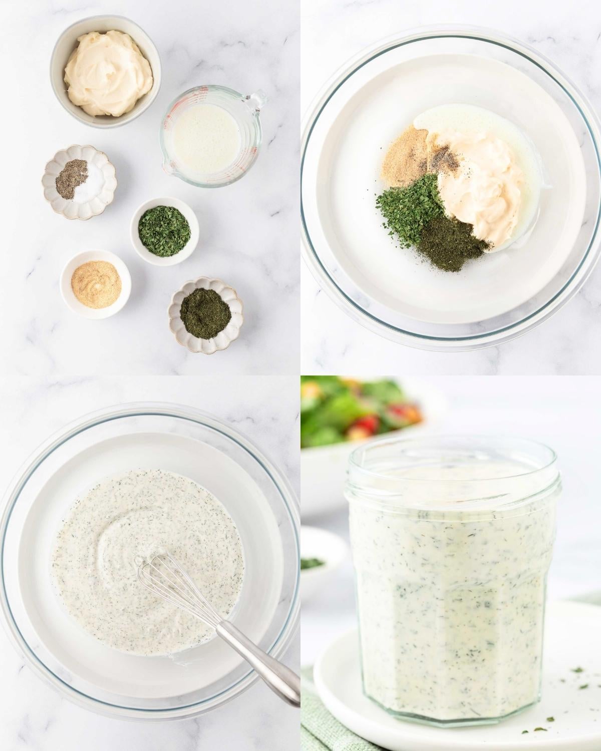 steps for making homemade ranch in a 4 image collage. Top left has ingredients in bowls, top right has the ingredients in on bowl, bottom left ingredients have been mixed, and bottom right ranch has been transferred into a mason jar for storage