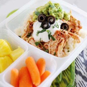 chicken burrito bowl in a lunch container