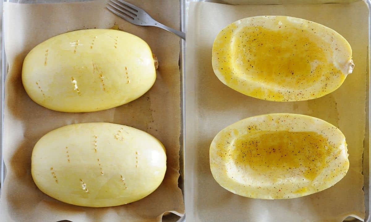 left: two spaghetti squash halves poked in a baking sheet; right: the same two spaghetti squash halves skin down seasoned