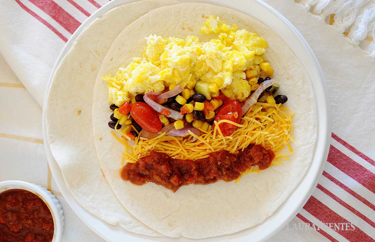 overhead view of the making of breakfast burritos
