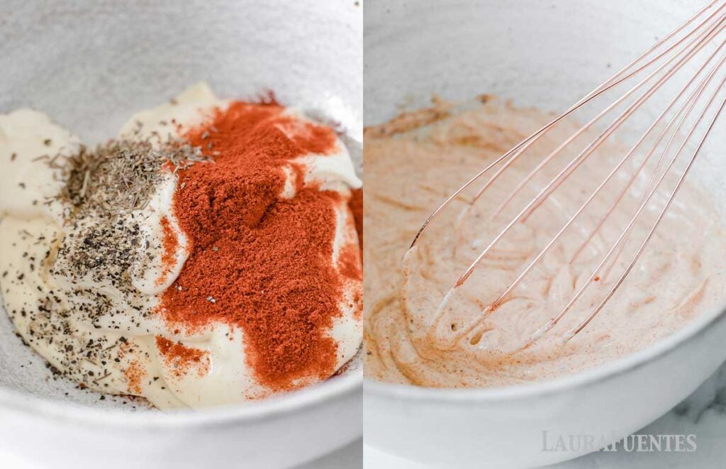 side by side images of the process of making a sweet potato salad dressing, on the left: greek yogurt and spices in a bowl to make homemade dressing, on the right: whisk in a bowl of creamy dressing
