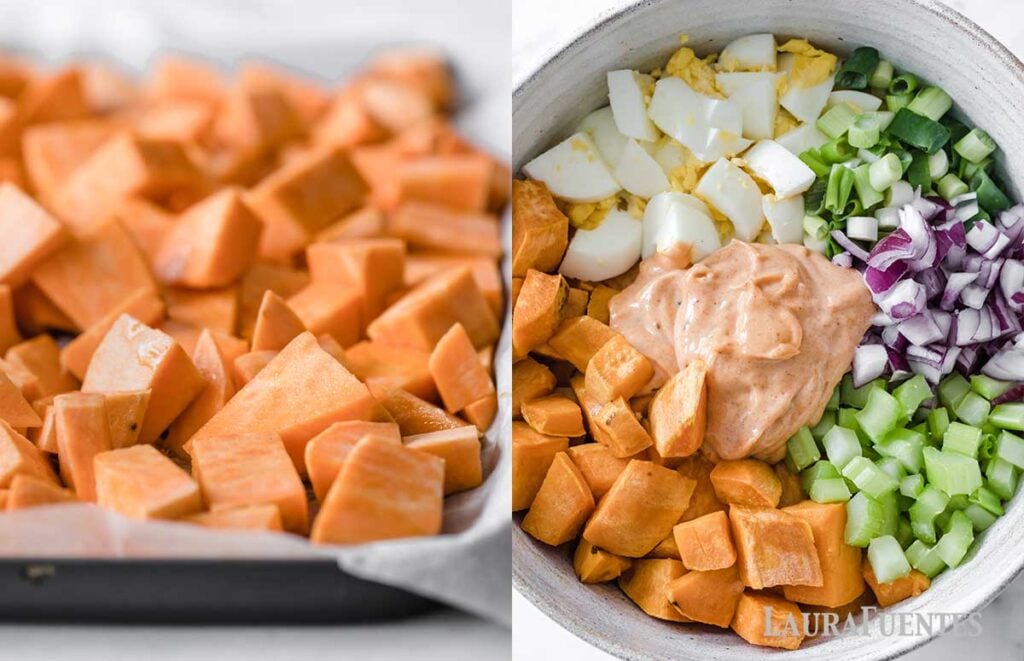 side by side images of the process of making a sweet potato salad, on the left: image: chopped sweet potatoes on a lined baking sheet, on the right: closeup view of sweet potato salad ingredients in a bowl. Diced sweet potatoes, chopped boiled egg, green onions, purple onion and creamy dressing.