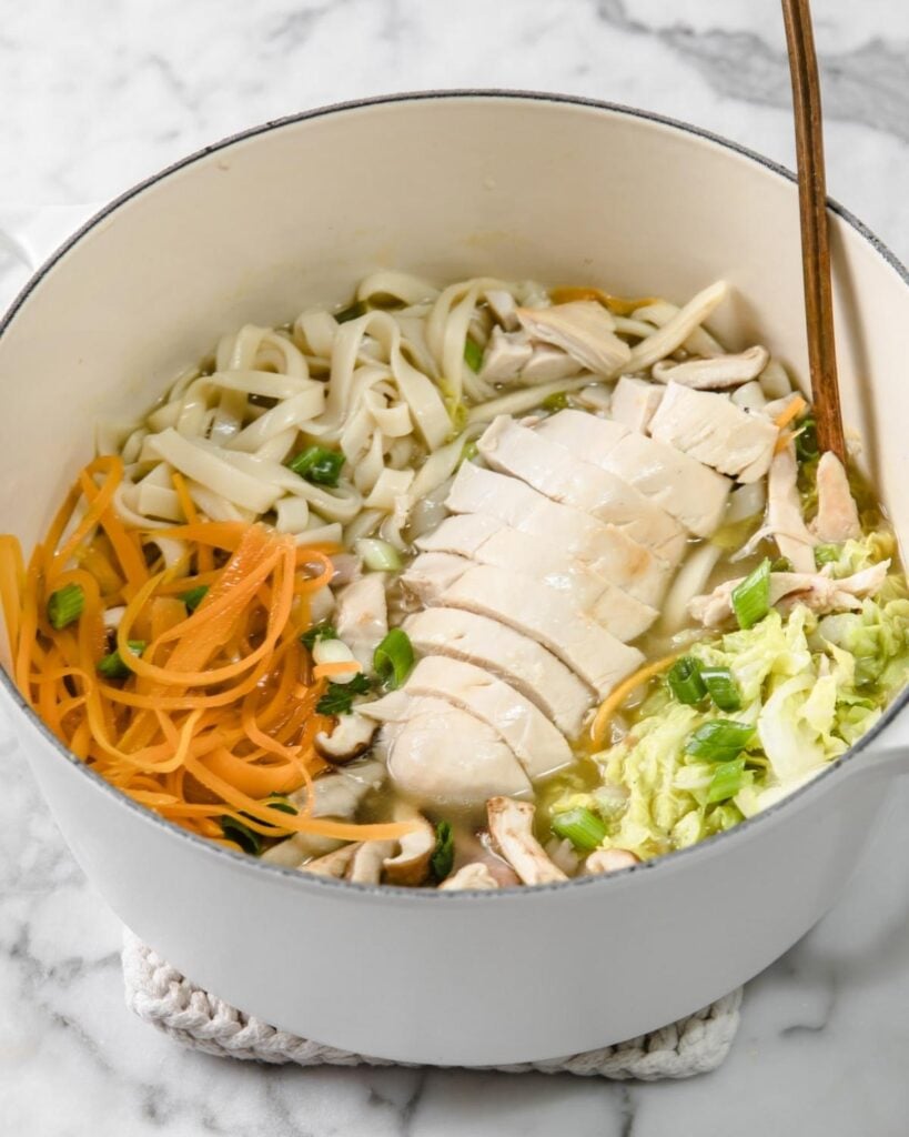 large pot of chicken udon soup