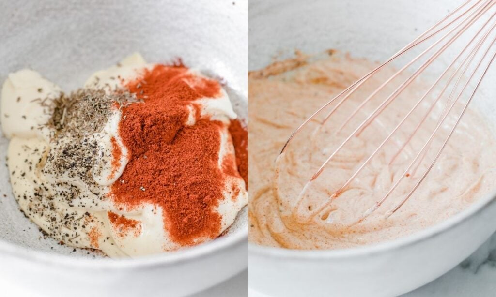 left: a bowl with yogurt, mayo, and seasonings; right: the same ingredients mixed