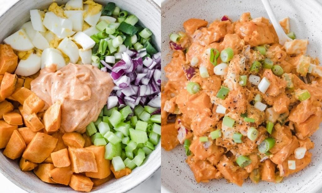 left: a bowl with sweet potatoes, cubed hard-boiled eggs, chopped onion, celery and dressing