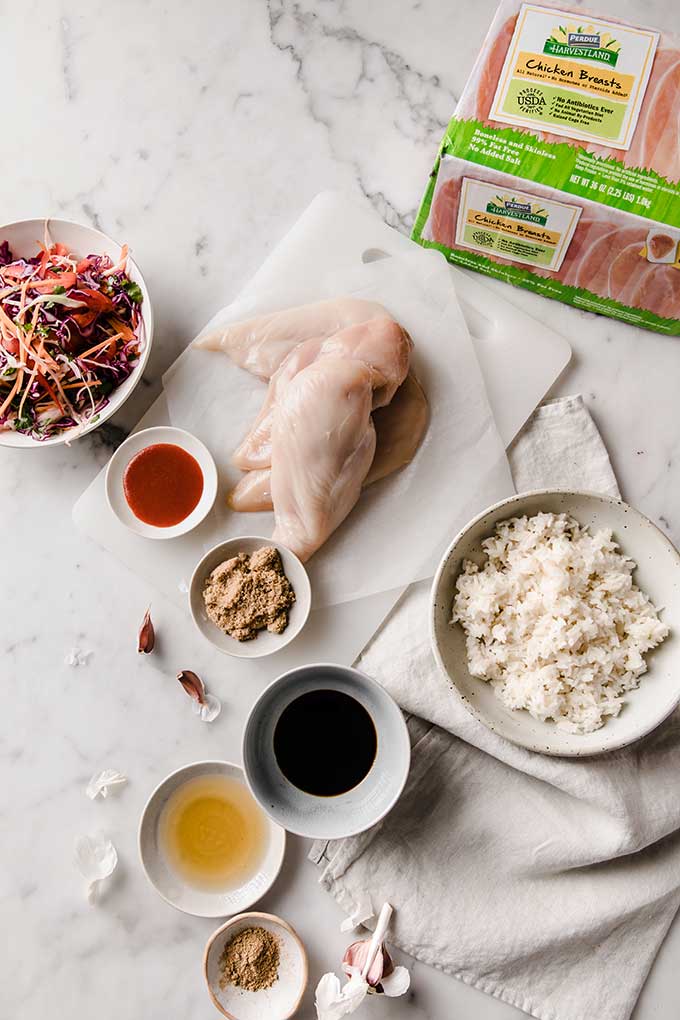image: Flatlay of ingredients needed for Korean Chicken Bowls