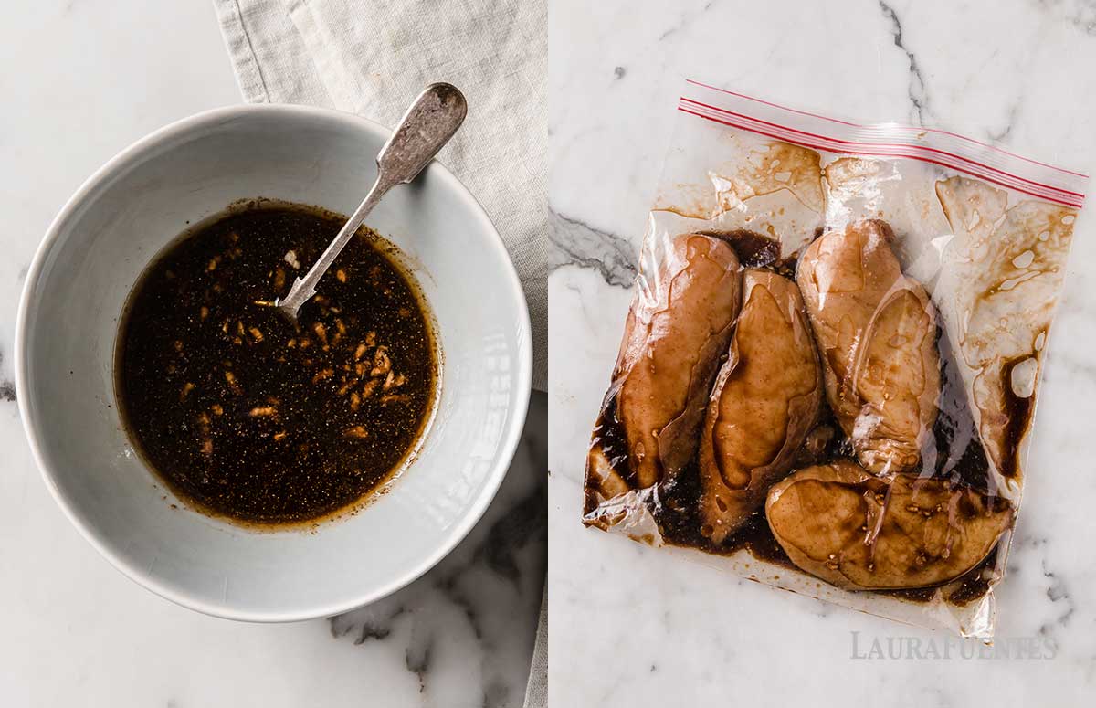 side by side images of the korean chicken's making process, on the left: overhead view of marinade sauce for Korean Chicken on the right: four chicken breasts in a zip bag with Korean Marinade sauce