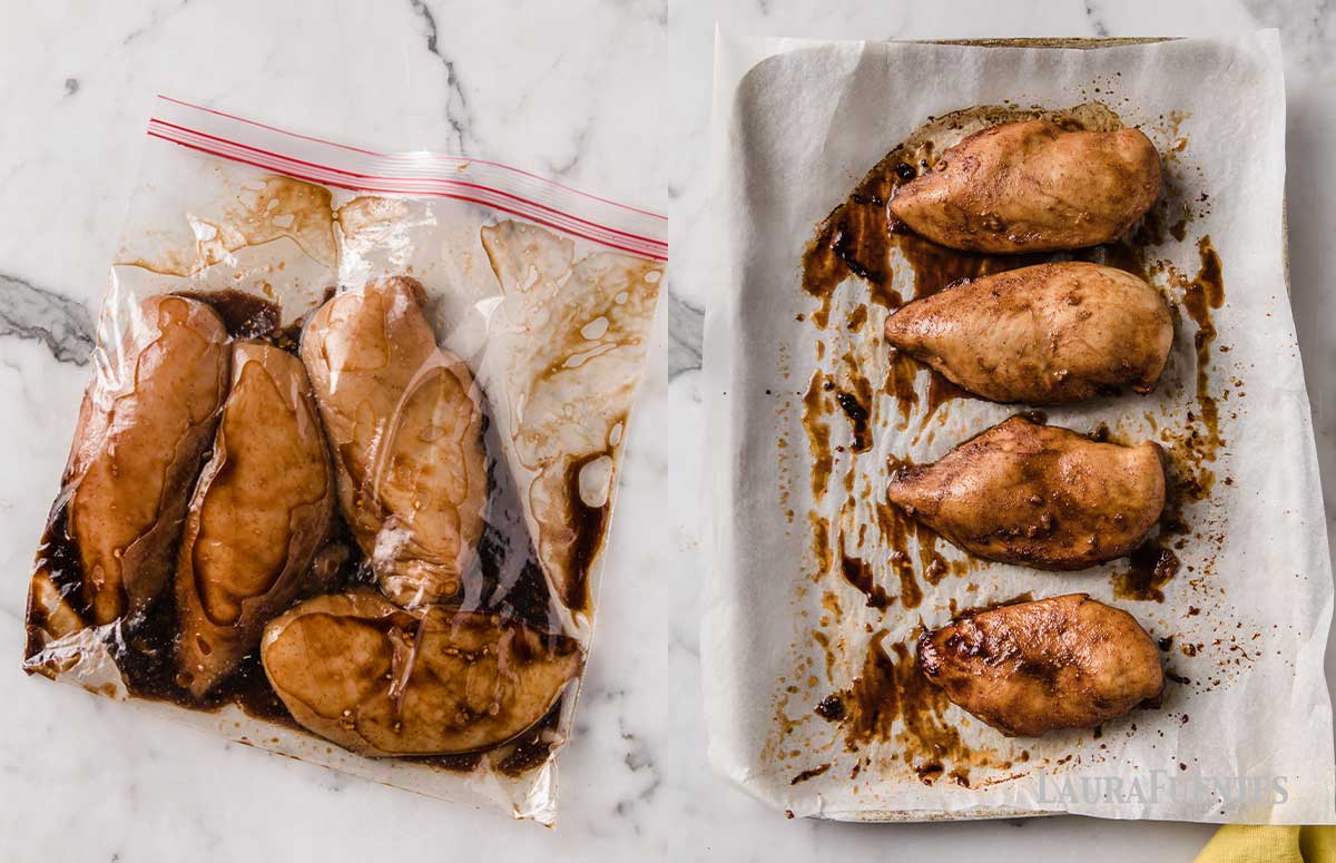 side by side images of the korean chicken's making process, on the left: four chicken breasts in a zip bag with Korean Marinade sauce, on the right: four chicken breasts on a baking sheet