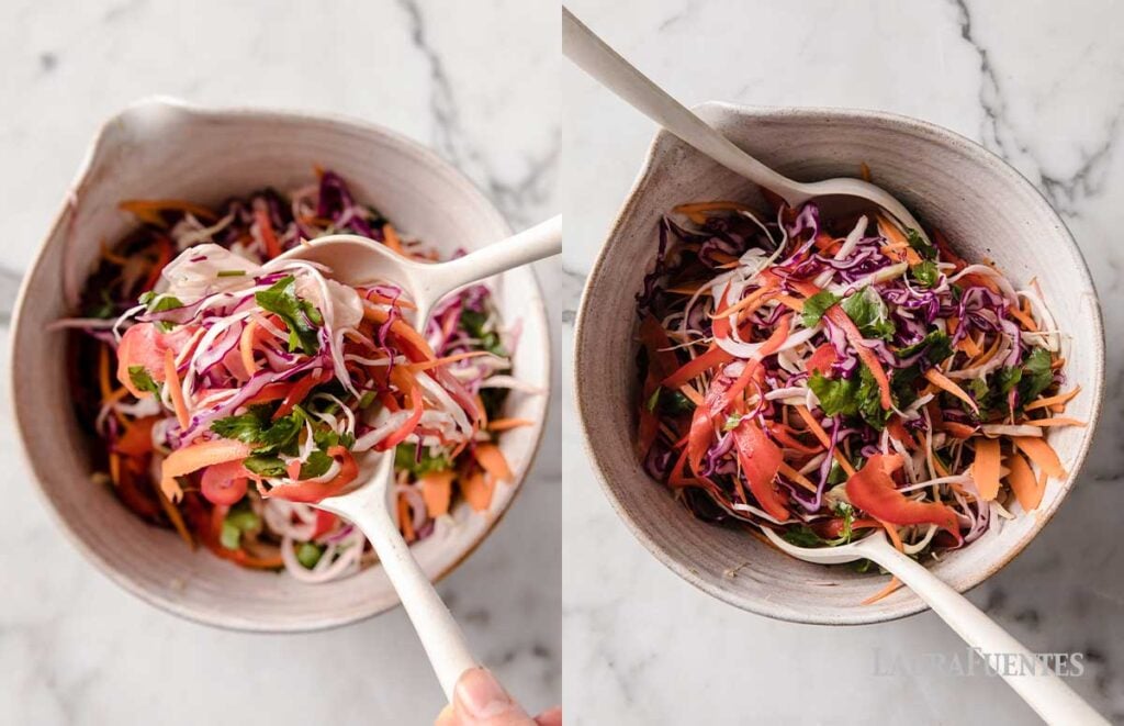 side by side images of the making process of the Asian slaw mixed with sauce
