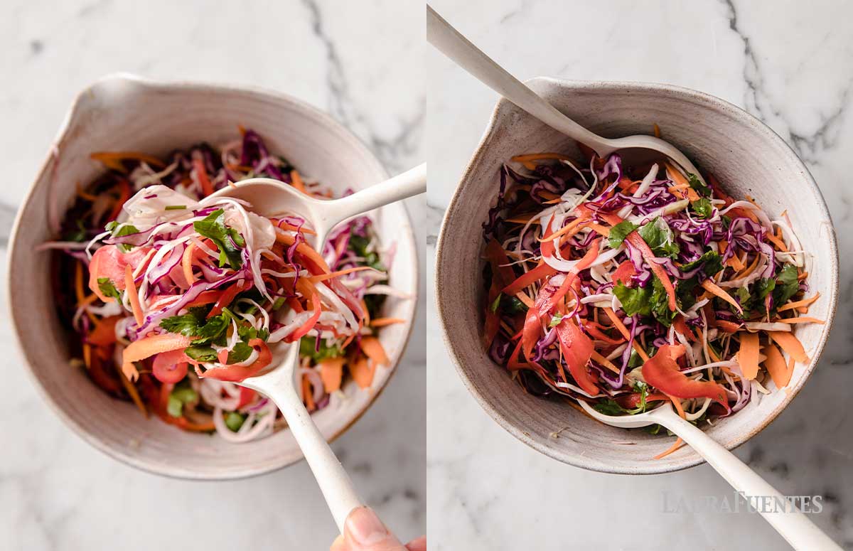 two images of the making process of Asian slaw