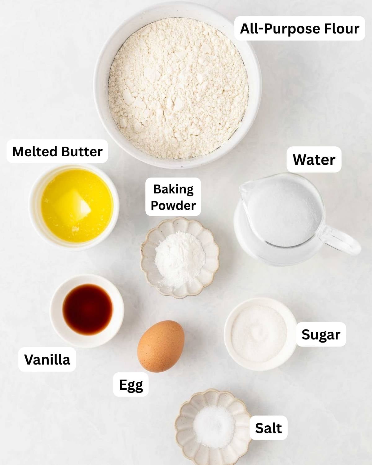 labeled overhead view of ingredients needed to make pancakes without milk using water