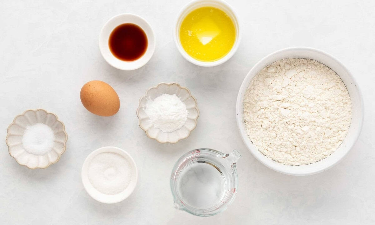 overhead view of ingredients needed to make pancakes without milk using water