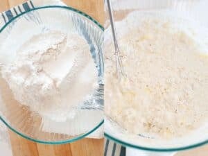 side by side image of a bowl with dry ingredients sifted on the left and on the right, after adding the wet ingredients to make pancake batter without milk using water