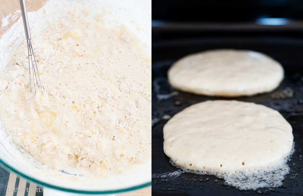 pancake batter on one side and cooking pancakes on the other showing consistency of batter