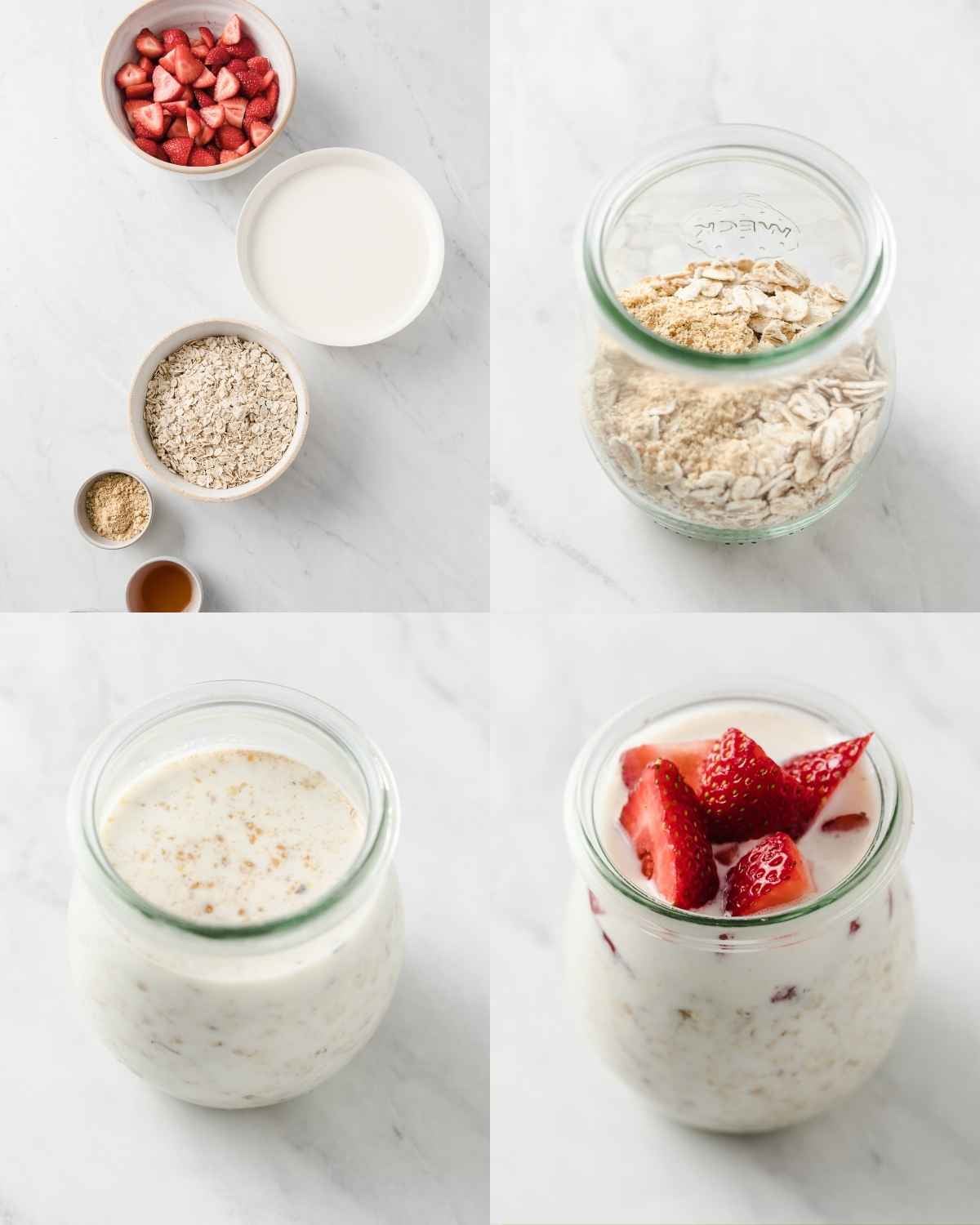 A step-by-step collage showing strawberry overnight oats being made, with oats, milk, sweetener, and chopped strawberries laid out, oats added to a glass jar, mixed with milk, and finished with fresh strawberries on top.