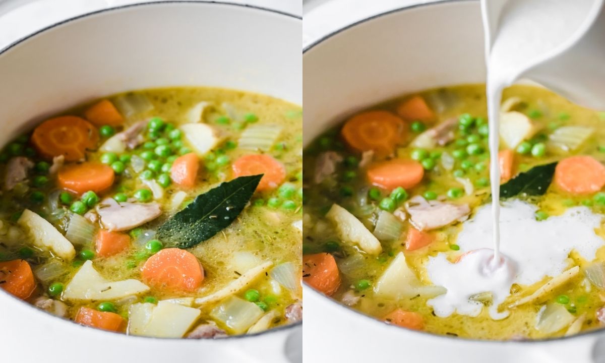Side-by-side comparison of creamy turkey stew before and after adding half and half with chicken, potatoes, carrots, peas, celery, and herbs.