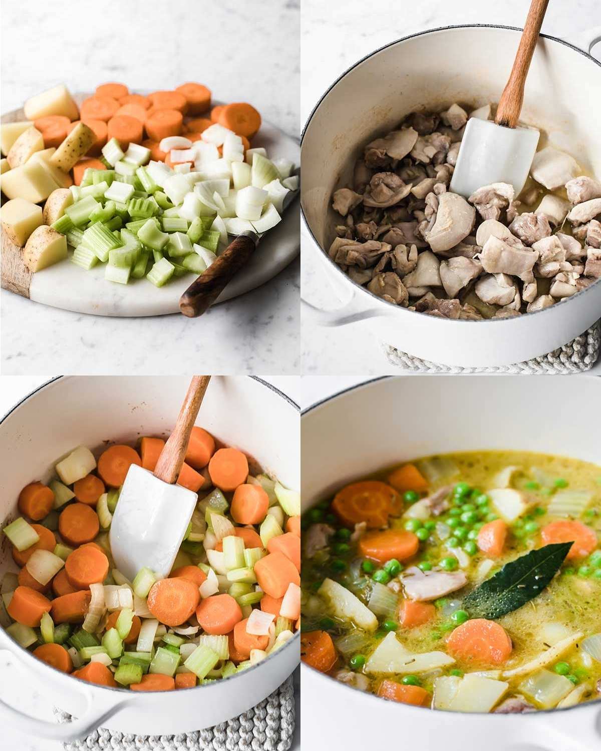 A four-image collage showing steps for making turkey stew.
Top left: Chopped potatoes, carrots, celery, and onion on a board.
Top right: Turkey pieces cooking in a white pot, stirred with a spatula.
Bottom left: The vegetables sautéing in the pot.
Bottom right: The finished stew simmering with carrots, potatoes, peas, and a bay leaf.