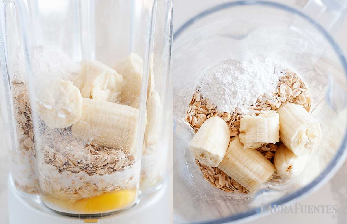 side by side images of making oat pancakes, on the left: side view of blender with eggs, almond milk, oatmeal and banana about to be blended into pancake batter, on the rigt: overhead view of blender with the ingredients of oat pancakes