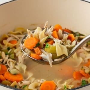 laddling chicken noodle soup made with rotisserie from a pot